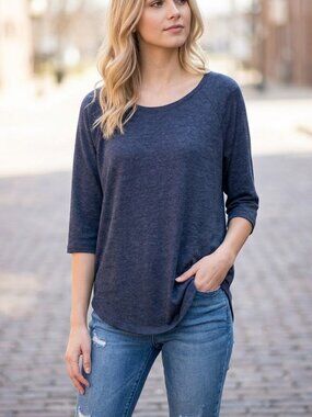 Loft Navy Heathered Soft Knit 3/4 Sleeve Relaxed Tee M
